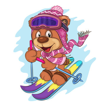 Cartoon Teddy Bear Skier. A cute illustration of a cartoon Teddy Bear riding a ski. Unique design, Children's illustration.