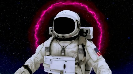 Astronaut In Search Of New Planets In Space. Neon Glowing Lights. Space Background. Seamless Loop. event, concert, stage design for led screens and projection mapping show...
 - Powered by Adobe