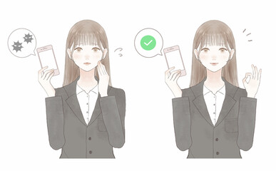 セキュリティ対策がされたスマホを持つ、スーツを着た女性のセット