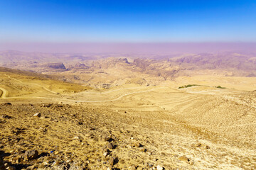 Desert mountain landscape along the King highway, in Southern Jordan