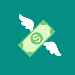 dollar banknote with white wings. Flat blue background. Flying money. Economy, finance, money pictogram.