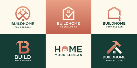 repair house Logo Set, Creative Home Logo Collection combined hammer element, Abstract Buildings Logo Set.