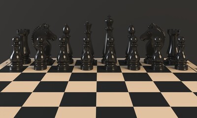 Black chess pieces on a chessboard on a dark background. 3d rendering