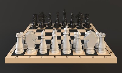 Chess Pieces on a Chess Board on a dark background. 3d rendering