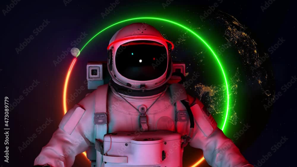 Wall mural astronaut in search of new planets in space. neon glowing lights. space background. seamless loop. e