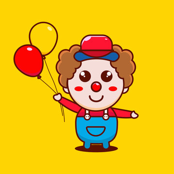 Cartoon cute little clown with balloons, vector icon illustration