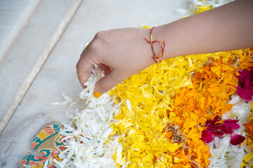 Indian woman dropping marigold jasmine flowers on a rangoli pattern on the floor while making a...