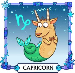 Zodiac sign Capricorn. Fantastic animation animal. A background - the star sky, a decorative frame. Vector illustration.