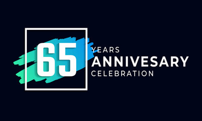 65 Year Anniversary Celebration with Blue Brush and Square Symbol. Happy Anniversary Greeting Celebrates Event Isolated on Black Background