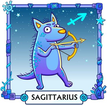 Zodiac sign Sagittarius. Fantastic animation animal. A background - the star sky, a decorative frame. Vector illustration.
