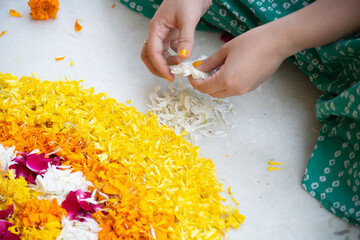 young indian woman's hands tearing jasmine flowers so the petals can be used for decoration,...