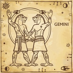 Fototapeta na wymiar Zodiac sign Gemini. Image of the person - a centaur. Character of Sumerian mythology. Full growth. Background - imitation of old paper, space symbols. The place for the text. Vector illustration.