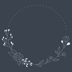 Floral Wreath branch in hand drawn style. Floral round navy and sky blue. Frame of twigs, leaves and flowers. Frames for the Valentine's day, wedding decor, logo and identity template.
