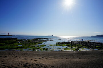 a beautiful seascape with an island