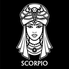 Zodiac sign Scorpio. Fantastic princess, animation portrait. Vector monochrome illustration isolated on a black background.