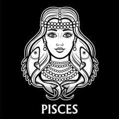 Zodiac sign Pisces. Fantastic princess, animation portrait. Vector monochrome illustration isolated on a black background.