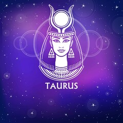 Obraz premium Zodiac sign Taurus. Fantastic princess, animation portrait. White drawing, background - the night stellar sky. Vector illustration.