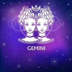 Zodiac sign Gemini.  Fantastic princess, animation portrait. White drawing, background - the night stellar sky. Vector illustration.