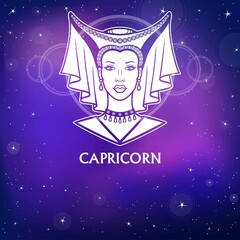 Fototapeta premium Zodiac sign Capricorn. Fantastic princess, animation portrait. White drawing, background - the night stellar sky. Vector illustration.