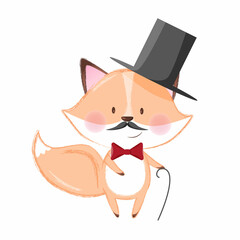 Cute mister fox with moustache, top hat, Walking stick