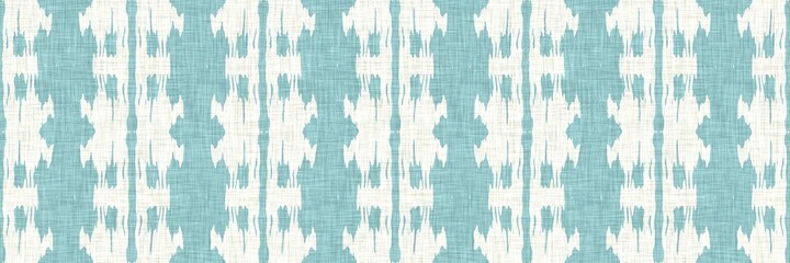 Aegean teal geometric border strip linen texture background. Summer coastal living style home decor fabric effect. Sea green wash grunge edge material. Decorative textile geo seamless pattern banner.