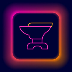 Glowing neon line Anvil for blacksmithing and hammer icon isolated on black background. Metal forging. Forge tool. Colorful outline concept. Vector