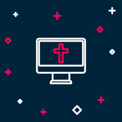 Line Christian cross on monitor icon isolated on blue background. Church cross. Colorful outline concept. Vector