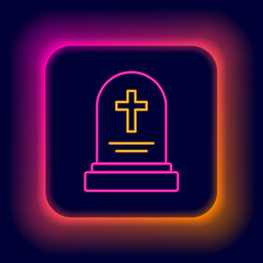 Obraz premium Glowing neon line Grave with tombstone icon isolated on black background. Colorful outline concept. Vector