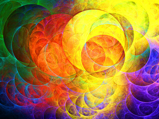 Creación de arte digital abstracto consistente en figuras circulares crecientes y en colores vivos...