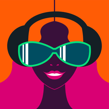 Vector graphics - a beautiful young woman with orange flowing hair, sunglasses and big black headphones. Concept avatar listen to music