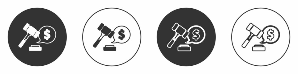 Black Auction hammer price icon isolated on white background. Gavel - hammer of judge or auctioneer. Bidding process, deal done. Auction bidding. Circle button. Vector