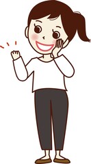 ほおに手を当て、ガッツポーズをする若い女性。