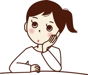 ほおに手を当て、考え事をする若い女性。