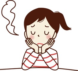 ほおに手を当て、ため息をつく若い女性。
