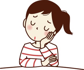 ほおに手を当て、考え事をする若い女性。