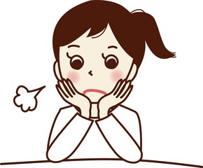ほおに手を当て、ため息をつく若い女性。