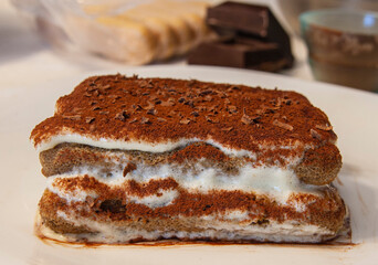 Fototapeta na wymiar The classic homemade tiramisu is the Italian dessert par excellence, one of the most delicious and well-known in the world. Mascarpone cream and coffee biscuits!