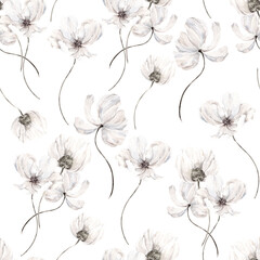 Watercolor seamless pattern with frozen flowers, leaves and silver snowflakes, isolated on white background