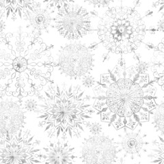 Watercolor seamless pattern with frozen flowers, leaves and silver snowflakes, isolated on white background