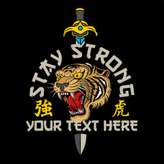 oldschool angry tiger head illustration with dagger
