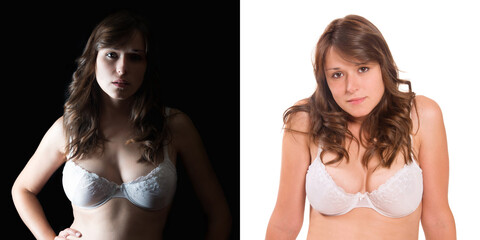 Two closeup portraits of a beautiful young woman wearing a bra in front of white and black studio background