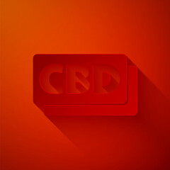 Paper cut Cannabis molecule icon isolated on red background. Cannabidiol molecular structures, THC and CBD formula. Marijuana sign. Paper art style. Vector Illustration