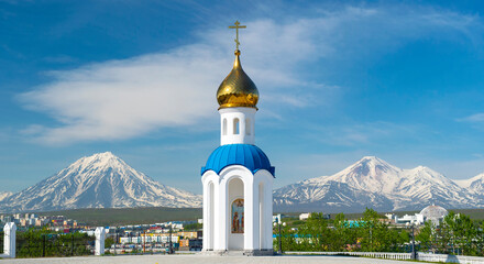 Kamchatka Peninsula, Russia. Petropavlovsk-Kamchatsky, Church and city architecture on the background of volcanoes. Russian tourism