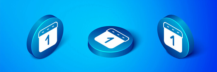 Isometric Calendar icon isolated on blue background. Event reminder symbol. Blue circle button. Vector