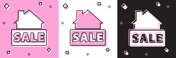 Set Hanging sign with text Sale icon isolated on pink and white, black background. Signboard with text Sale. Vector