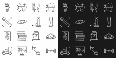 Set line Chassis car, Speedometer, Car tire wheel, key with remote, headlight, Screwdriver and wrench spanner, spark plug and air pump icon. Vector