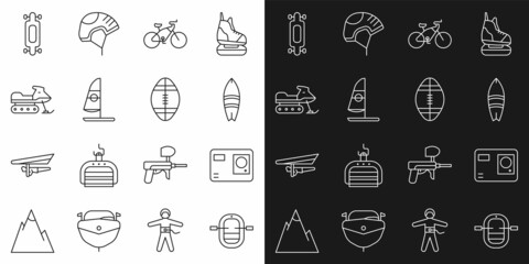 Set line Rafting boat, Action extreme camera, Surfboard, Bicycle, Windsurfing, Snowmobile, Longboard or skateboard and Rugby ball icon. Vector