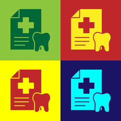 Obraz premium Pop art Clipboard with dental card or patient medical records icon isolated on color background. Dental insurance. Dental clinic report. Vector