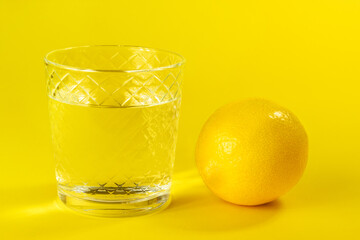 Water in glass and lemon against yellow background