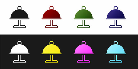 Set Covered with a tray of food icon isolated on black and white background. Tray and lid. Restaurant cloche with lid. Kitchenware symbol. Vector
